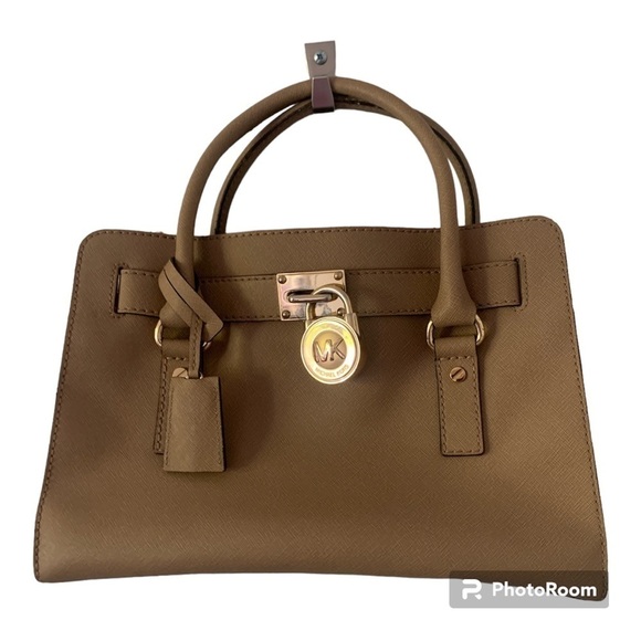 Michael Kors Hamilton Beige Saffiano Leather Satchel, Gold Chain Accent and Lock - Picture 1 of 15